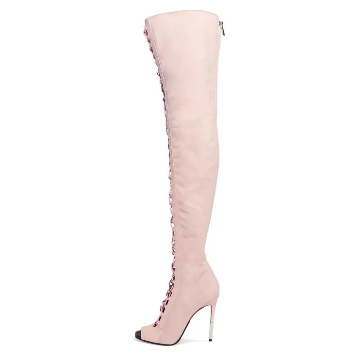 Blush Lace up Boots Peep Toe Knee Over Boots Fashion Boots |FSJ Shoes