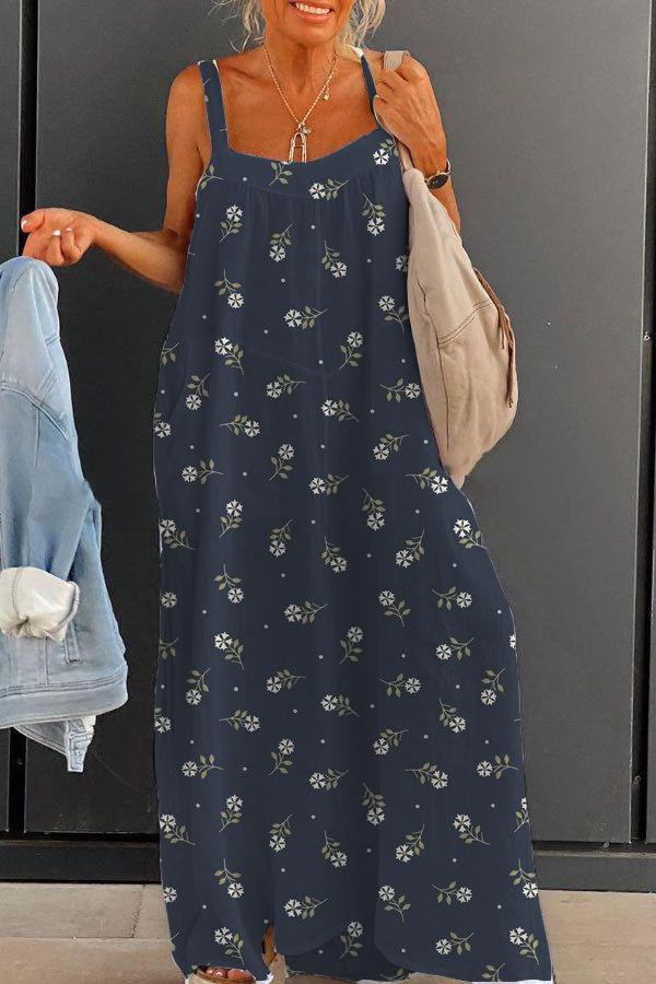 Women's Fashion Pastoral Retro Floral Large Size Loose Suspender Printed Dress Long Skirt