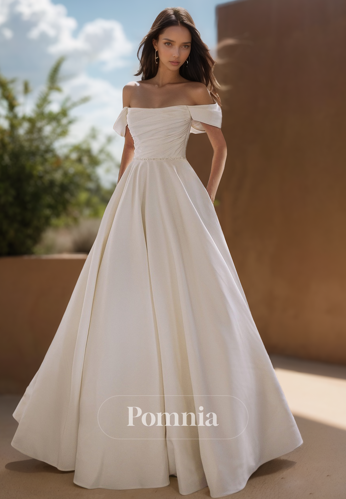 Simple A-Line Cap Sleeves Empire-Waist Sweep Train Satin Wedding Dress