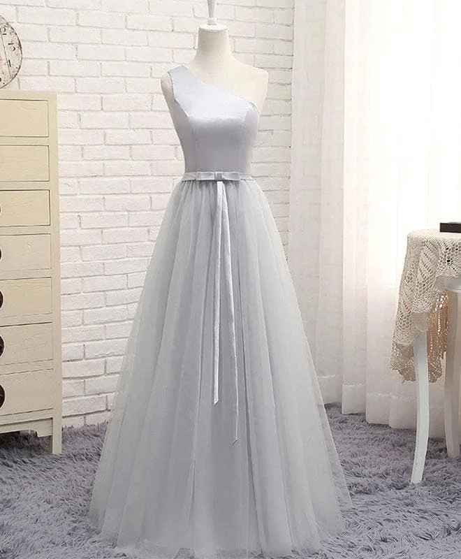 A Line Tulle One Shoulder Long Prom Dress