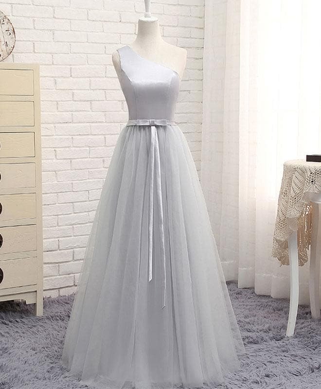 A Line Tulle One Shoulder Long Prom Dress