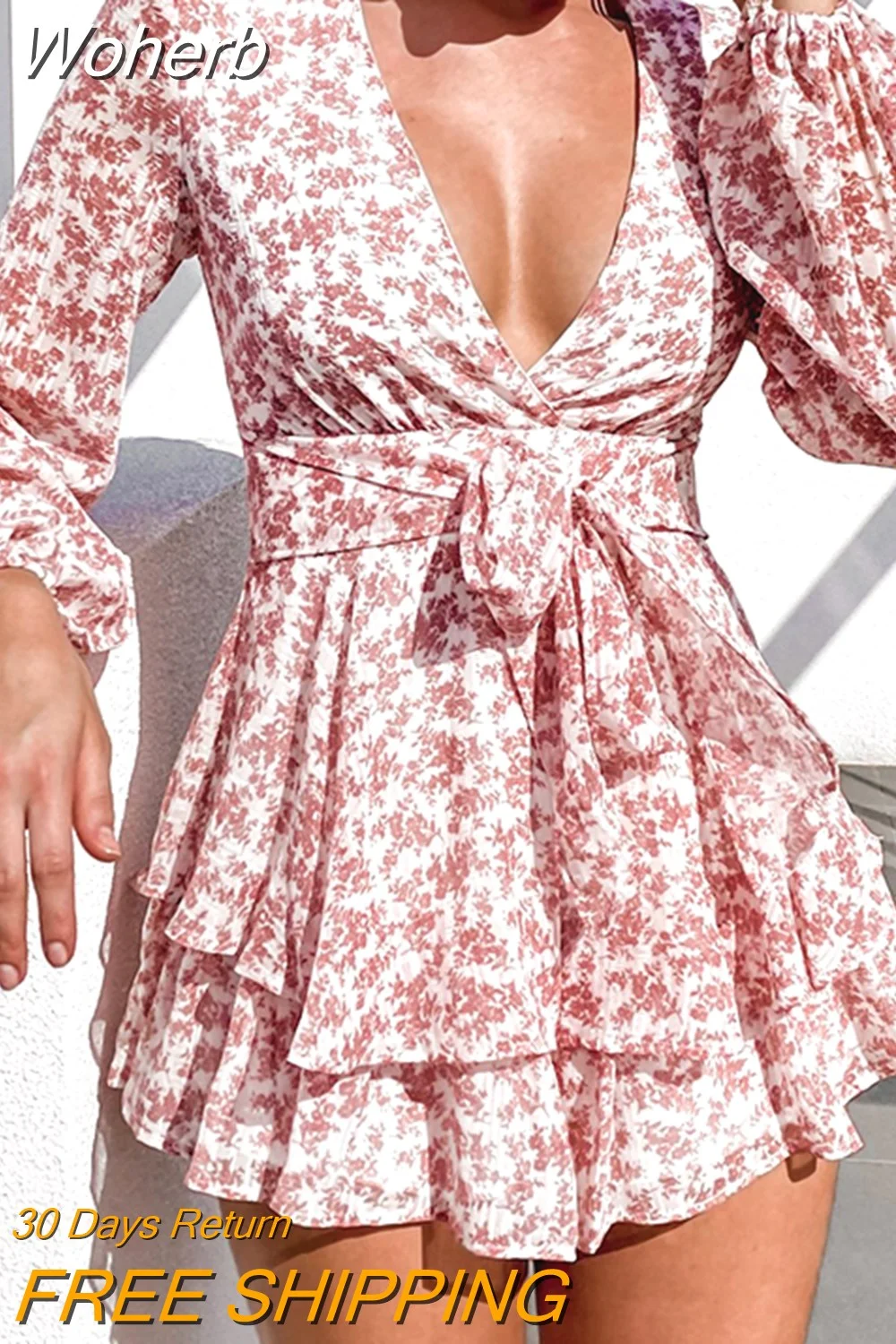 Woherb Fahion V Neck Chiffon Jumpsuit Women Ruffled Lace Up Long Sleeve Playsuit Floral Print Sweet Rompers