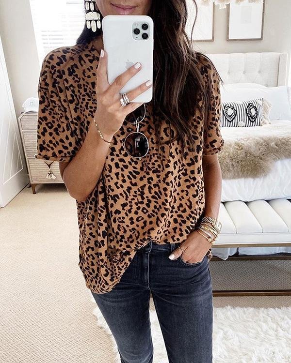 leopard print loose design brown t shirt p125558