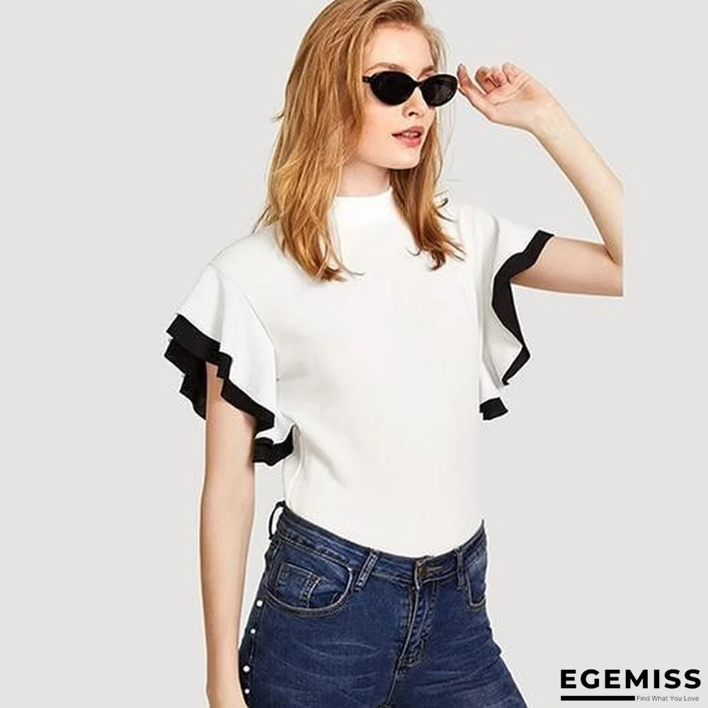 Women White Ruffle Sleeve Stand Collar Elegant Blouse Tops | EGEMISS