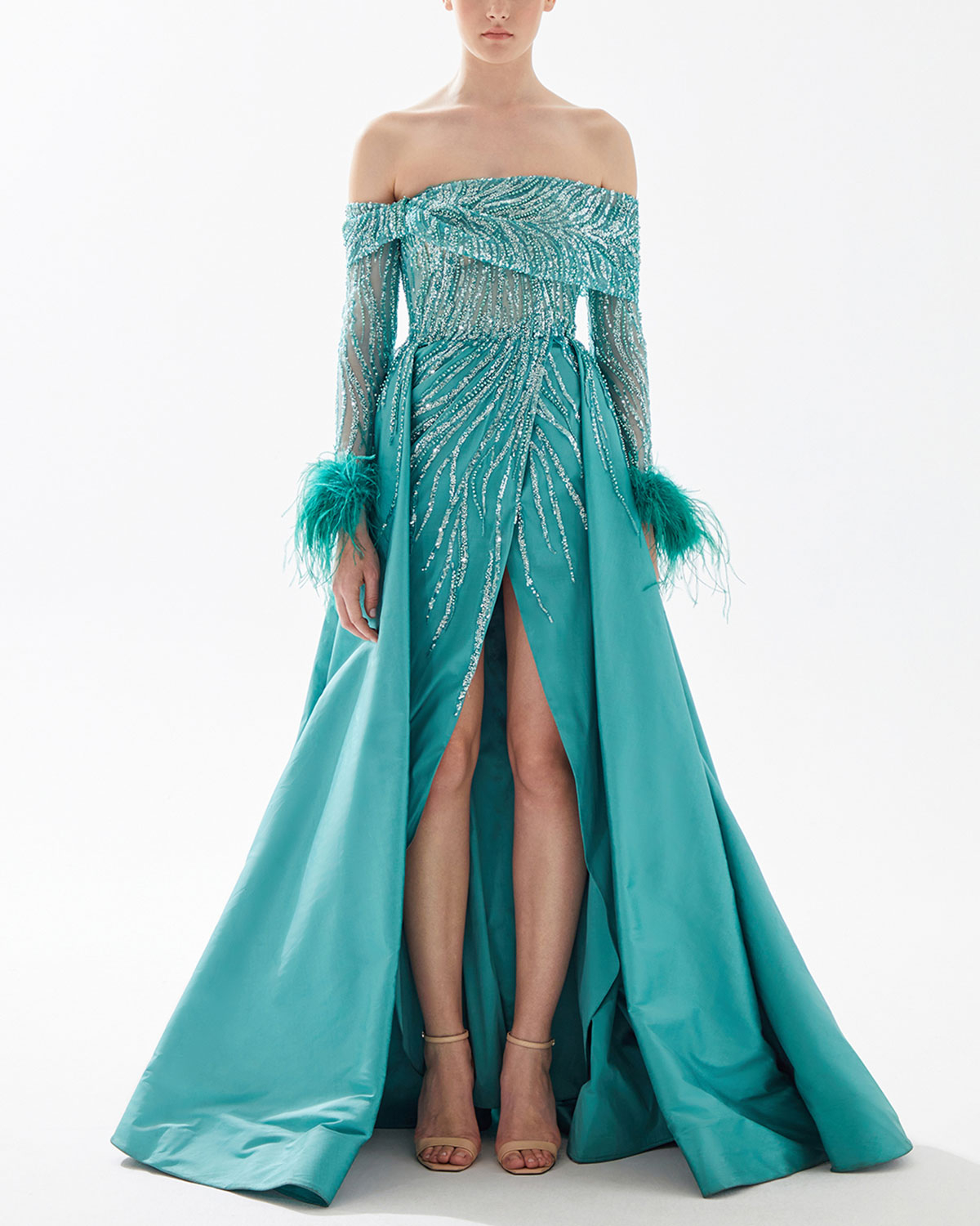 Sequin Fringe Gown with Velvet Glove Sleeves & Embroidery