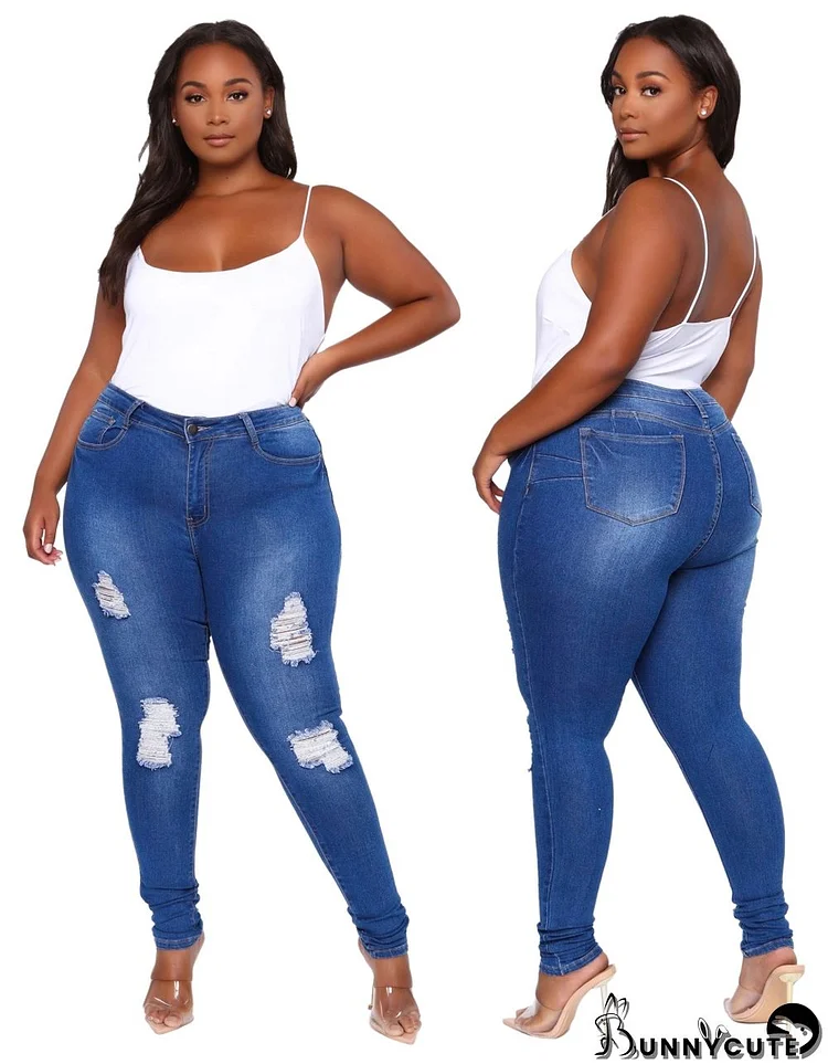 Plus Size High Waist Washed Dnim Blue Ripped Tight Jeans