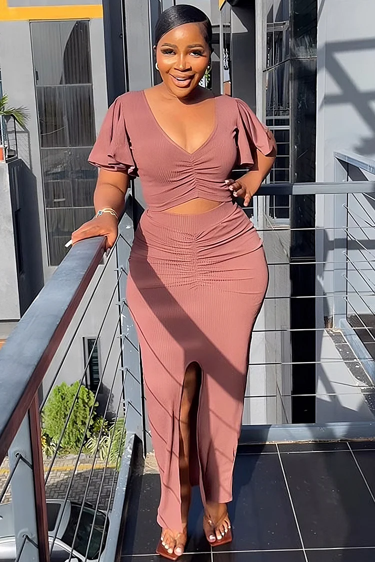 Knit Deep V Neck Flutter Sleeve Crop Top Ruched Slit Midi Skirt Matching Set