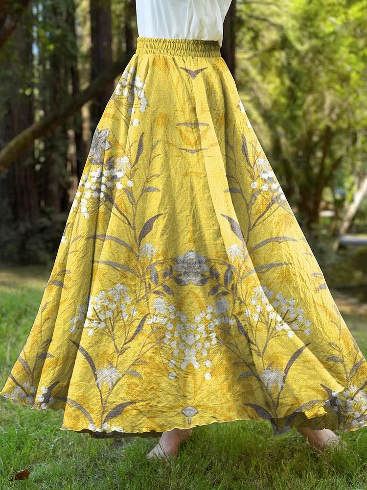 Women's Bohemian Garden Ink Floral Print Elastic Waist Retro Skirt?