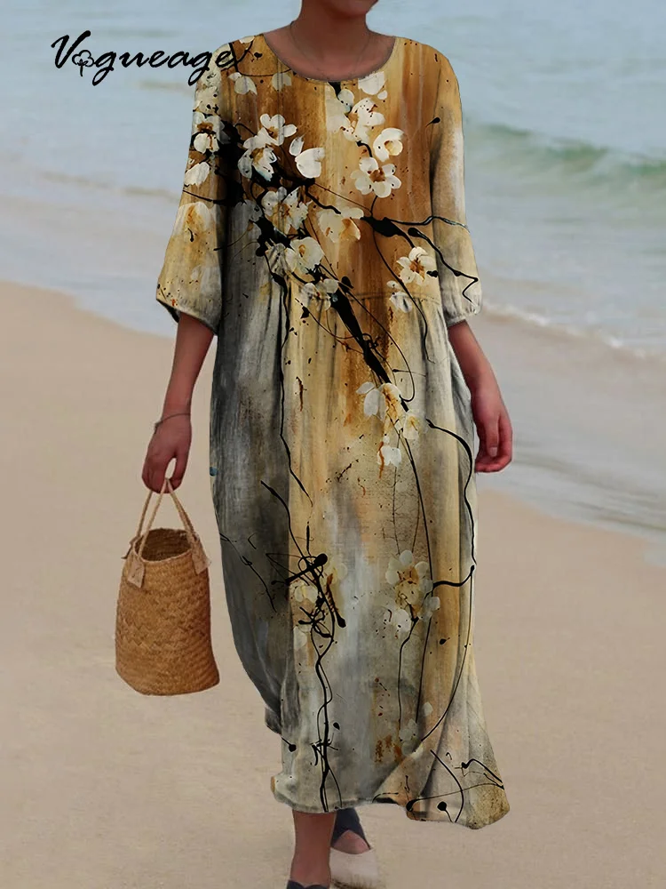 Elegant And Gentle Plum Blossom Printed Women's Casual Cotton And Linen Dress