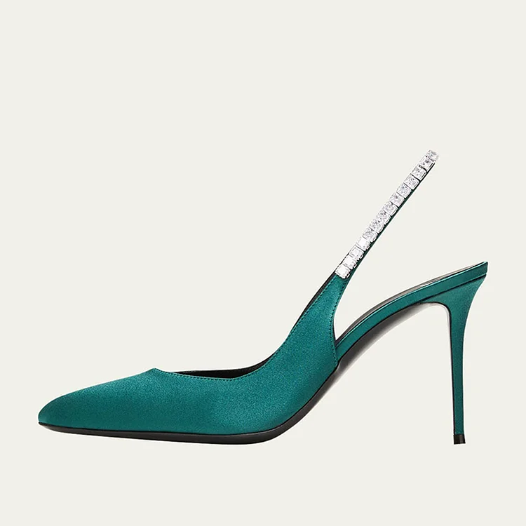 Elegant Green Satin Bridal Shoes Pointy Toe Crystal Slingback Pumps |FSJ Shoes