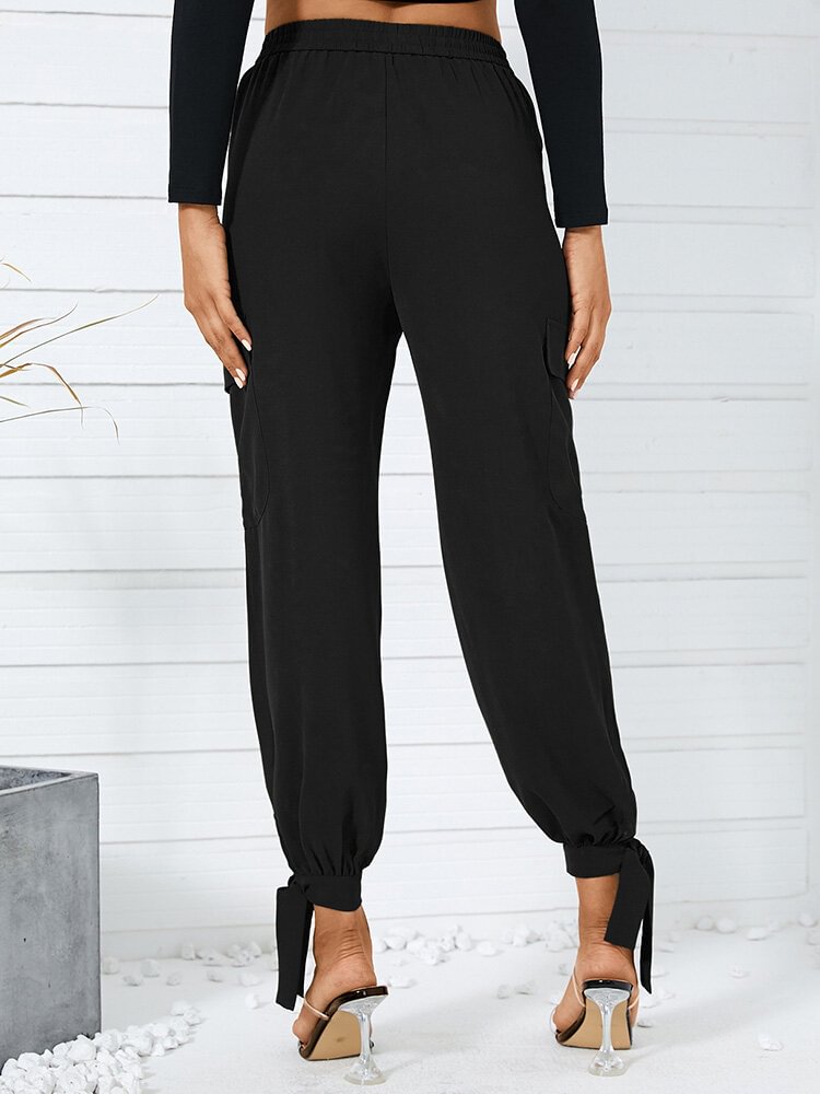 Solid Color Knotted Button Pocket Long Casual Pants for Women