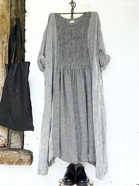 Womens Stitching Light Stripe Asymmetrical Casual Linen Dress