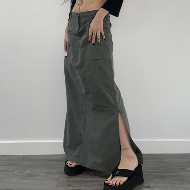 Pure Color Split Cargo A-line Skirt