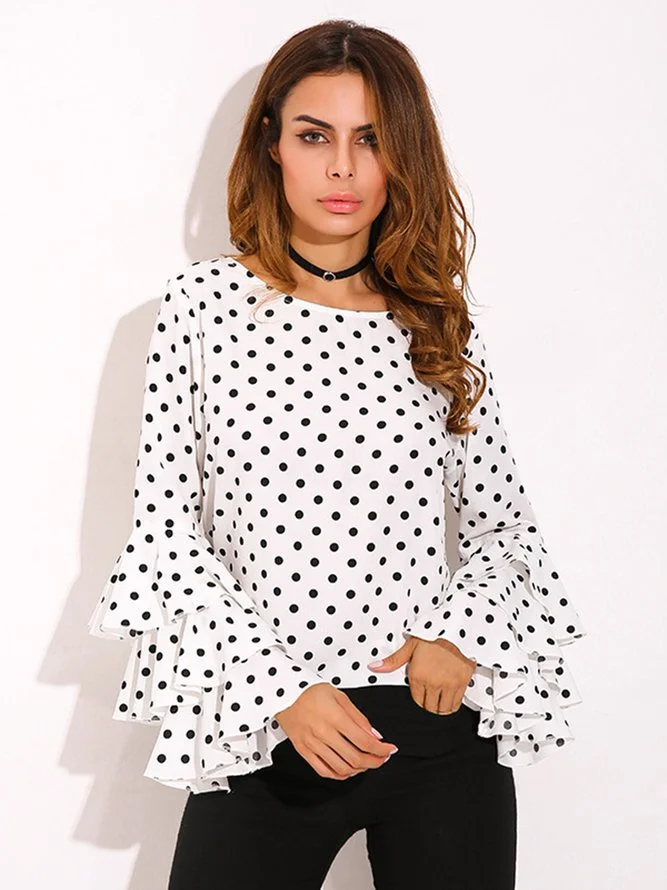 Polka Dots Frill Sleeve Tops - T-Shirts Zaesvini