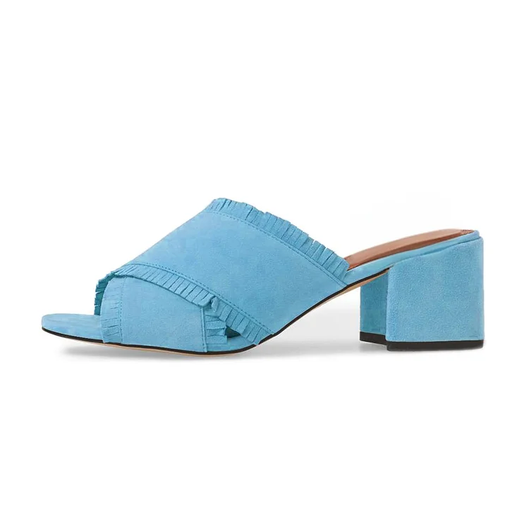 Light Blue Peep Toe Fringe Block Heel Sandals Vdcoo