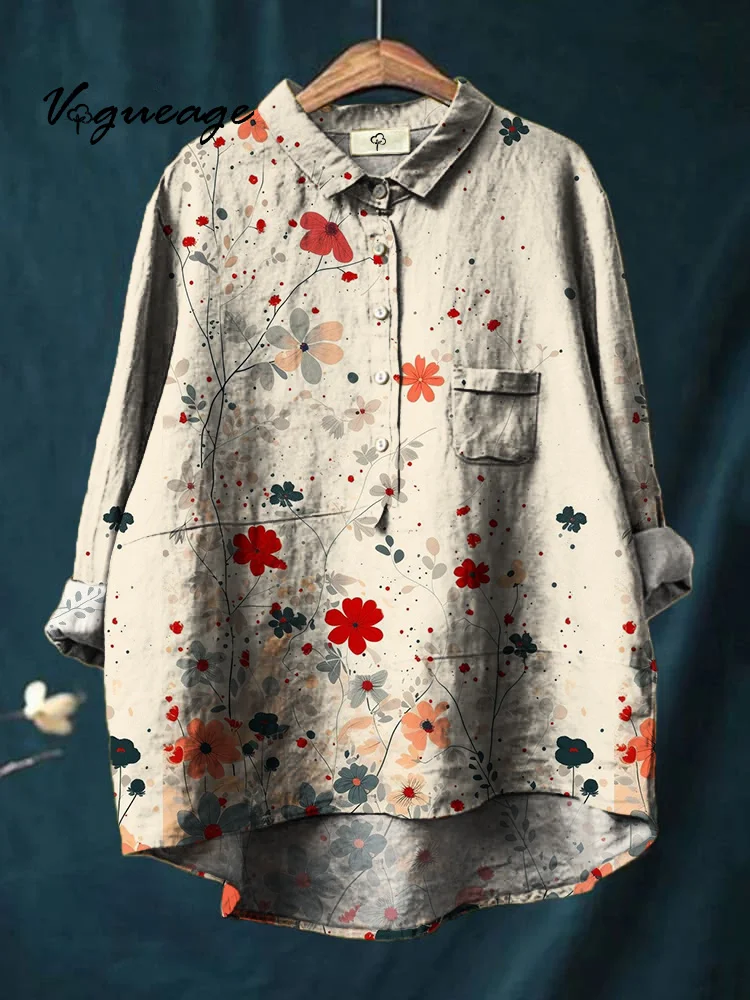 Simple Elegant And Gentle Small Florals Print Cotton And Linen Shirt