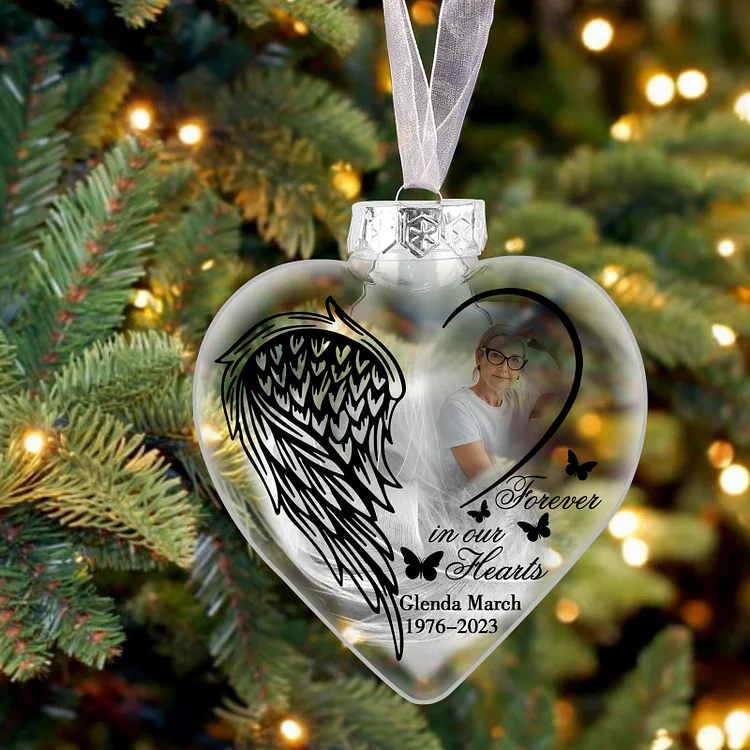 Heart Christmas Memorial Ornaments Custom Name & Date & Photo Feather Ornament Commemorate Deceased Loved Ones - Forever In Our Hearts