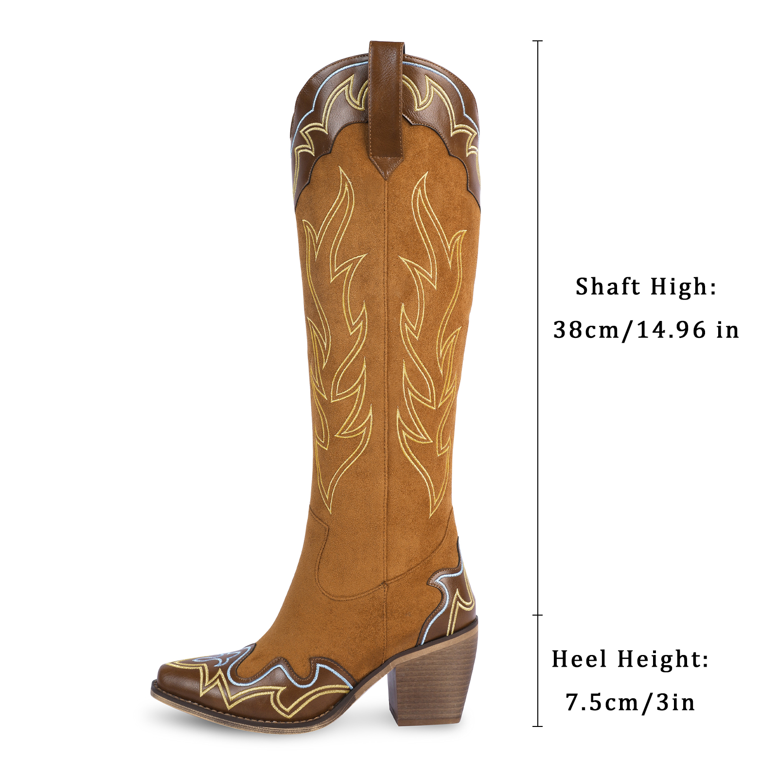 TAAFO Women Shoes Texas Cowgirl Boots Brown Embroidered Knee High Boots Chunky Heel Cowboy Boots With Rivets