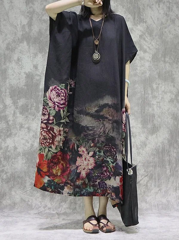 Vintage Floral Batwing Sleeve Round Neck Dress