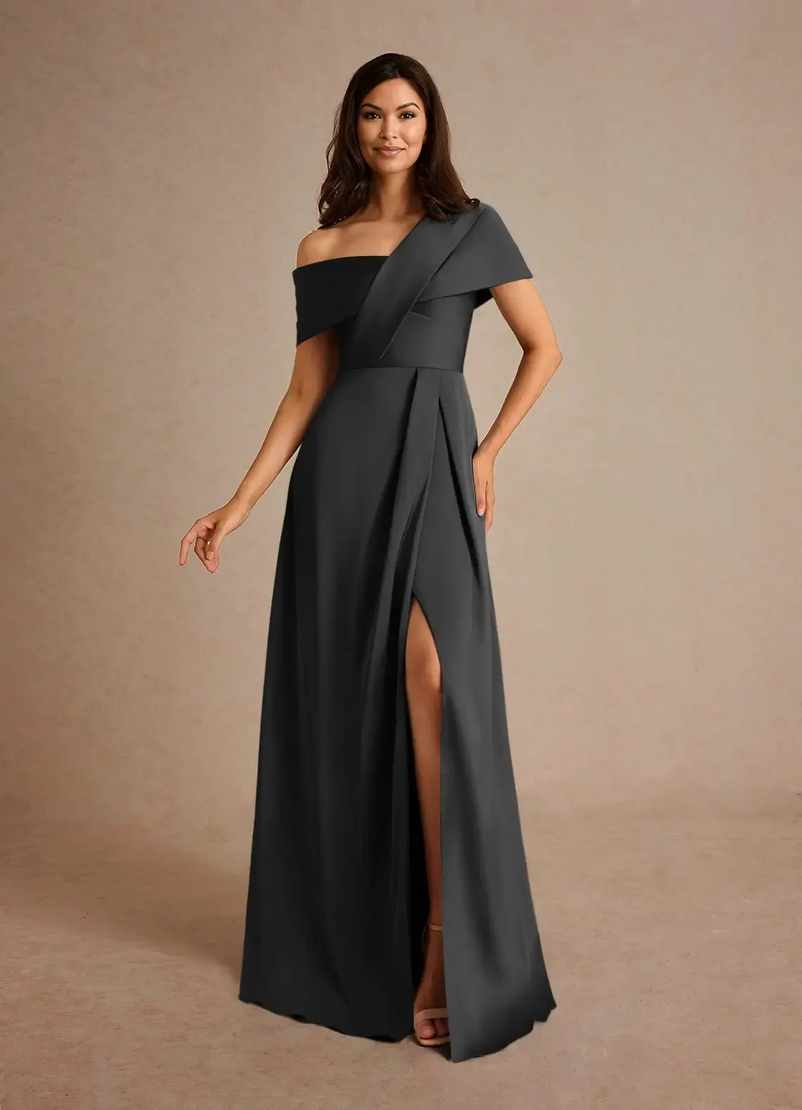 Lussooy Simple Black One Shoulder Satin Split Off the Shoulder Mother of The Bride Dress