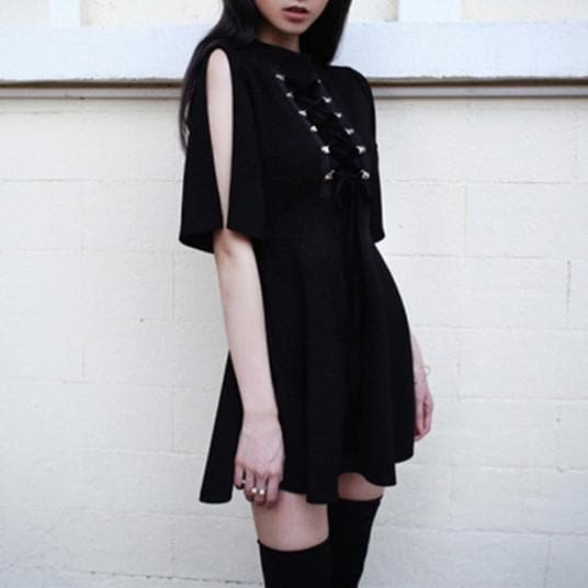 Black Punk Cross Straps Tie Slim A Line Dress SP13410