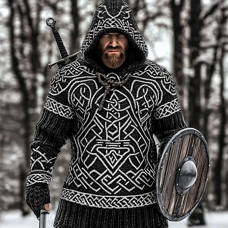 Men's Viking Tribal Jacquard Celtic Style Knitted Hooded Sweater