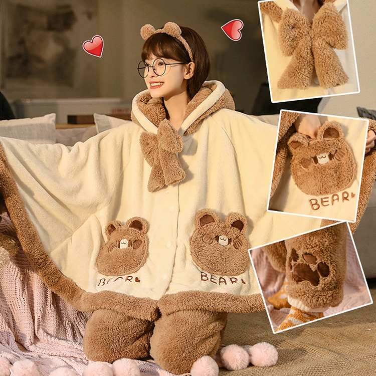 Bear Ears Pocket Bow Hooded Pajama Set SP15283