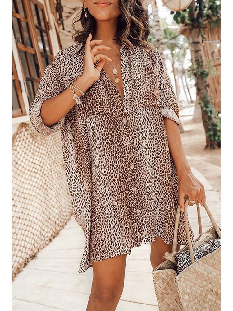 Leopard Printed Long Sleeve Shirt Mini Dress P13176