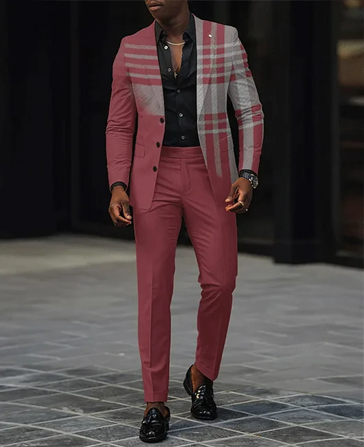 Fashion Colorblock Plaid Lapel Collar Button Blazer & Pants 2Pcs Set Okaywear