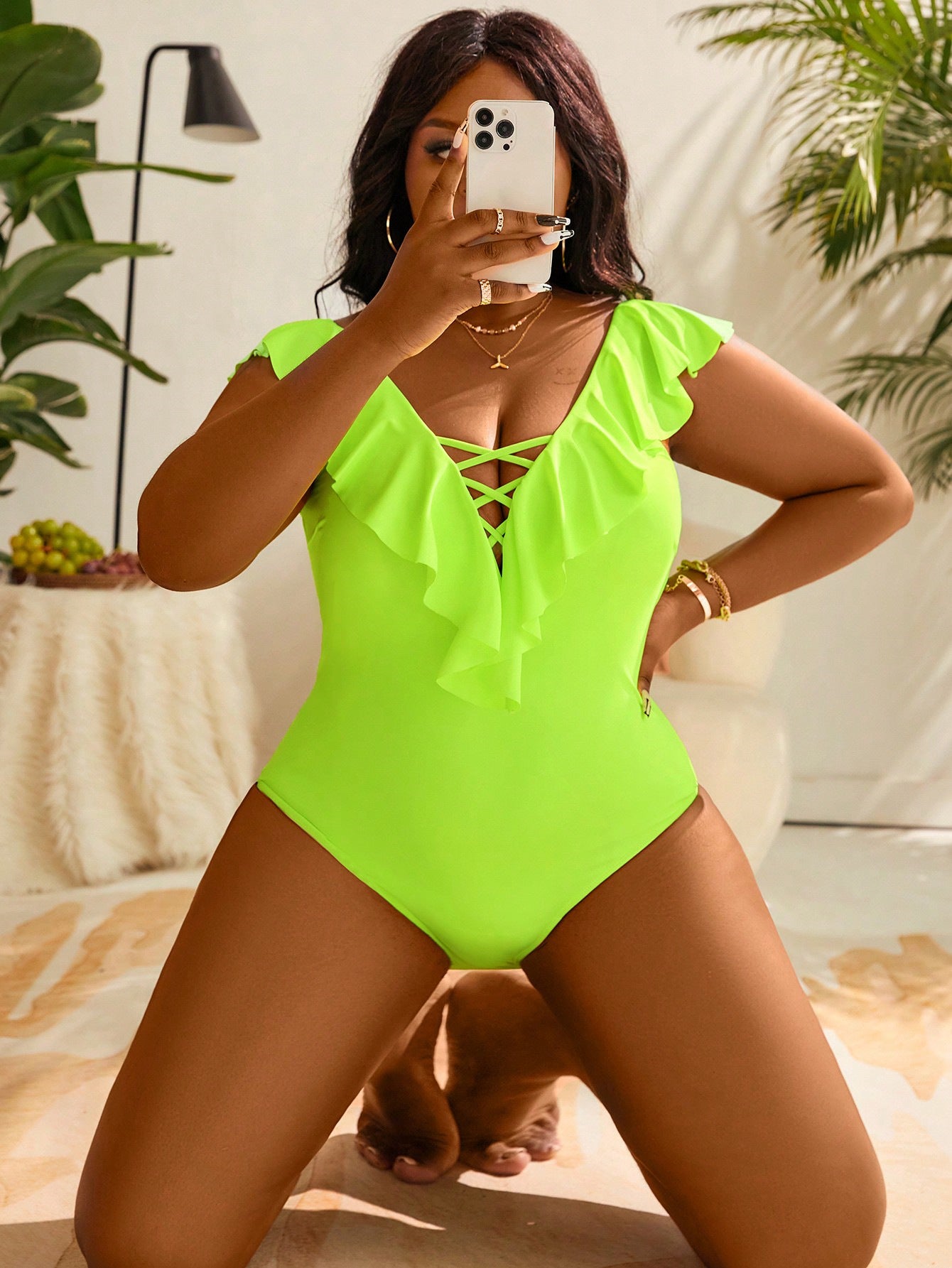 Moss Green Contrast Edge Ruffled High Waist One Piece Swim Dress main image 0