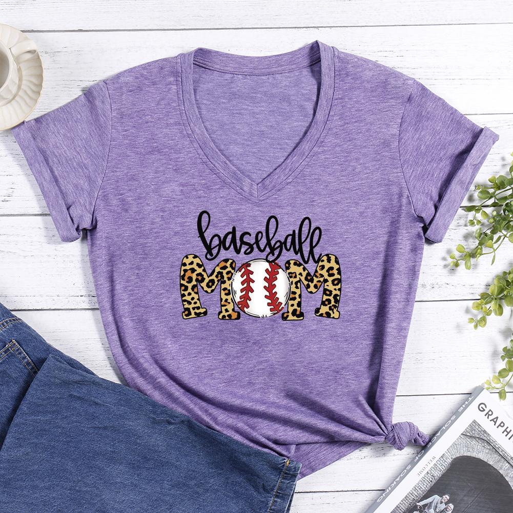 Leopard Baseball mom V-neck T Shirt-Guru-buzz