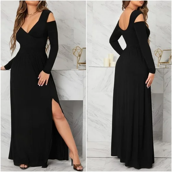 Women's Luxe Black Cold Shoulder Flowy Party Evening Maxi Dress