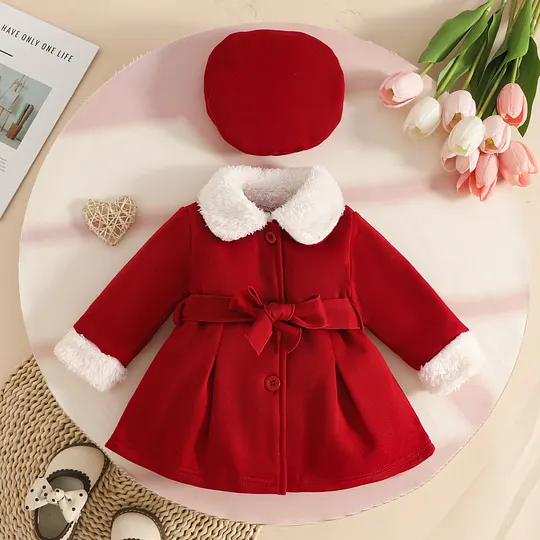 【6M-3Y】Girls Christmas Fur Collar Single-breasted Belted Coat And Beret