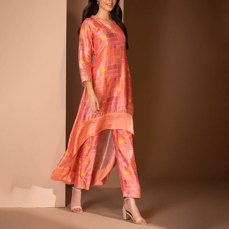 VChics Printed High Low V Neck Holiday Two-pece Set