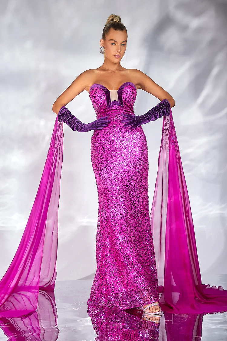 Tube Top Bodycon Gloves Maxi Sequin Dress-Magenta