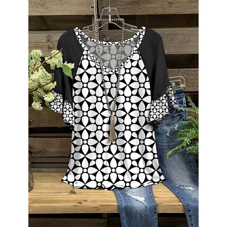 patchwork printed ruffled short-sleeve T-shirt socialshop
