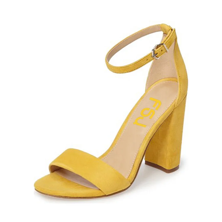 Women's Yellow Formal Shoes Open Toe Chunky Heels Ankle Strap Sandals |FSJ Shoes
