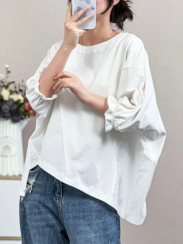 Half Sleeves Roomy Pure Color Split-Joint Round-Neck T-Shirts Tops