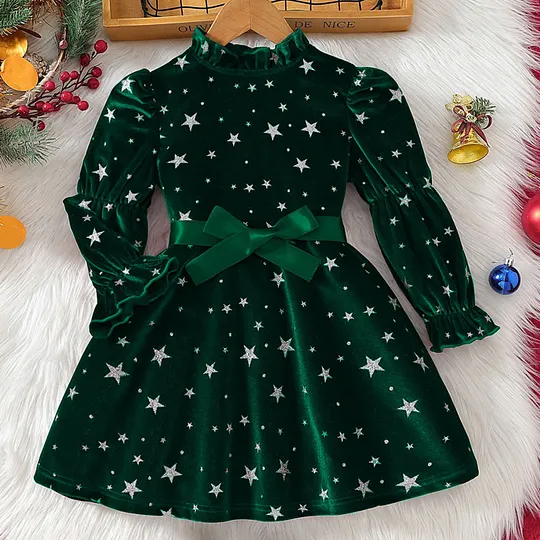 【3Y-7Y】Girls Sweet And Fashionable Silver Star Print Burgundy Velvet Party Dress