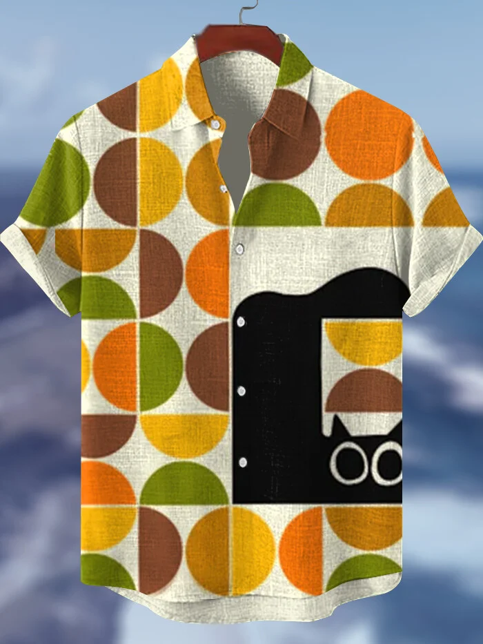 Men's Abstract Black Cat Geometric Color Block Round Art Print Shirt