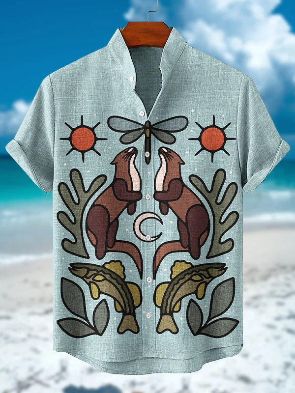 Men's Cartoon Dragonfly Otter Fish Graphic Print Short Sleeve Shirt