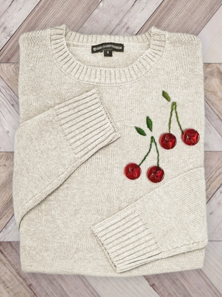 VChics Cherry Buttons Embroidery Art Cozy Knit Sweater