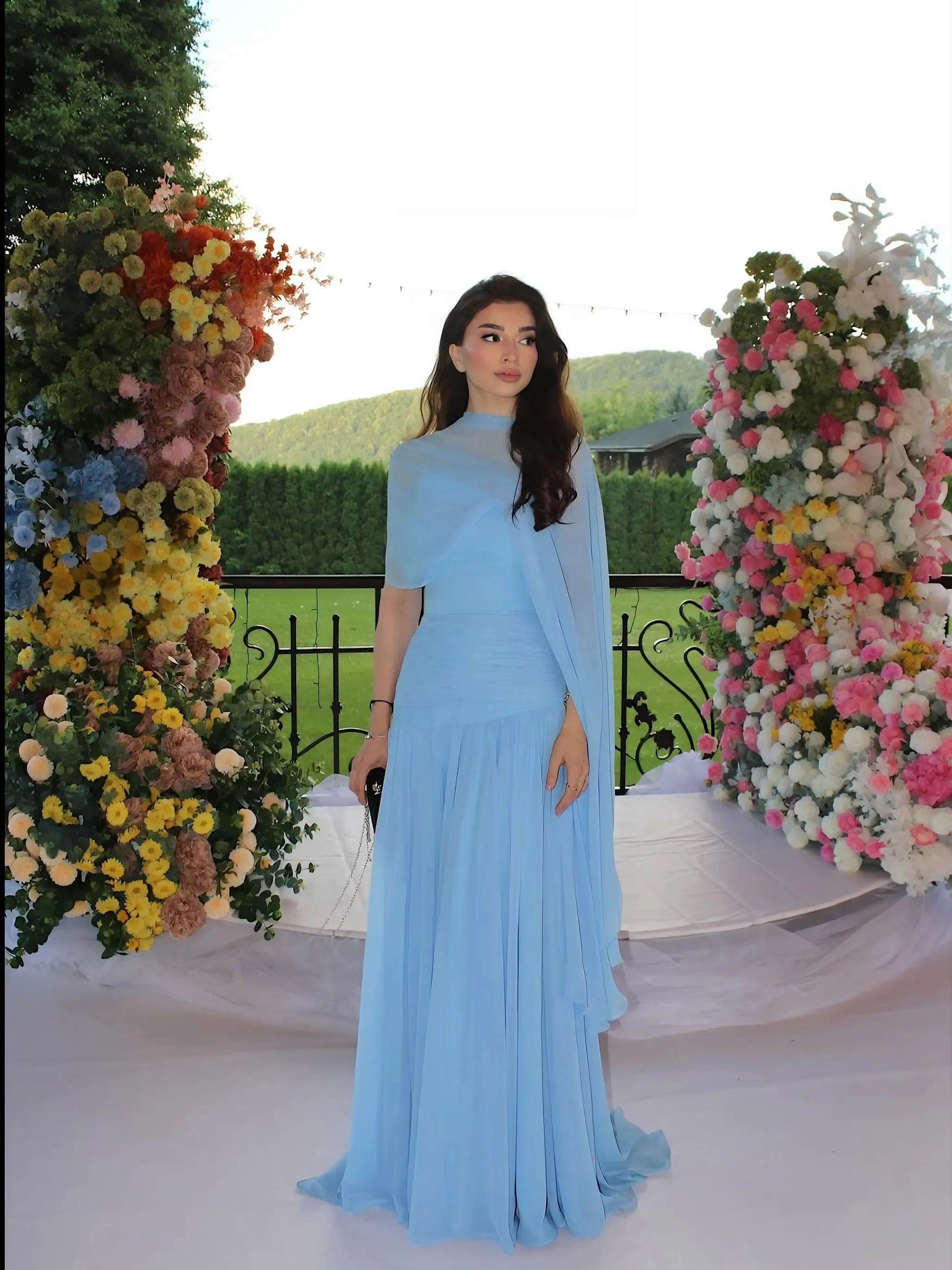 Lussooy Simple Blue Chiffon Pleated Floor Length Sleeveless Prom Dress with Shawl