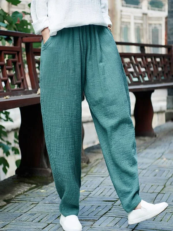 Comfortable Green Ramie Cotton Casual Pants