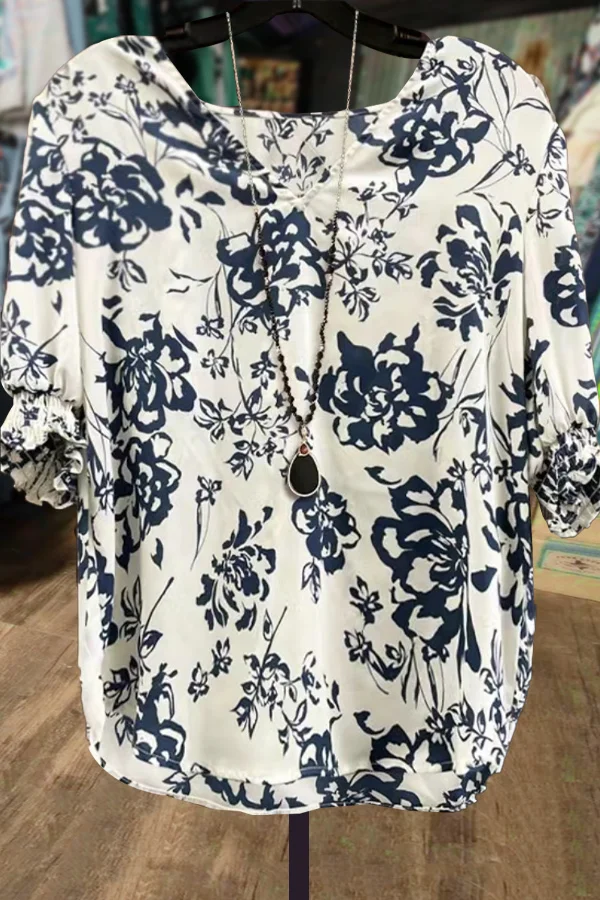 Floral Print V-Neck Cuff Sleeve Top