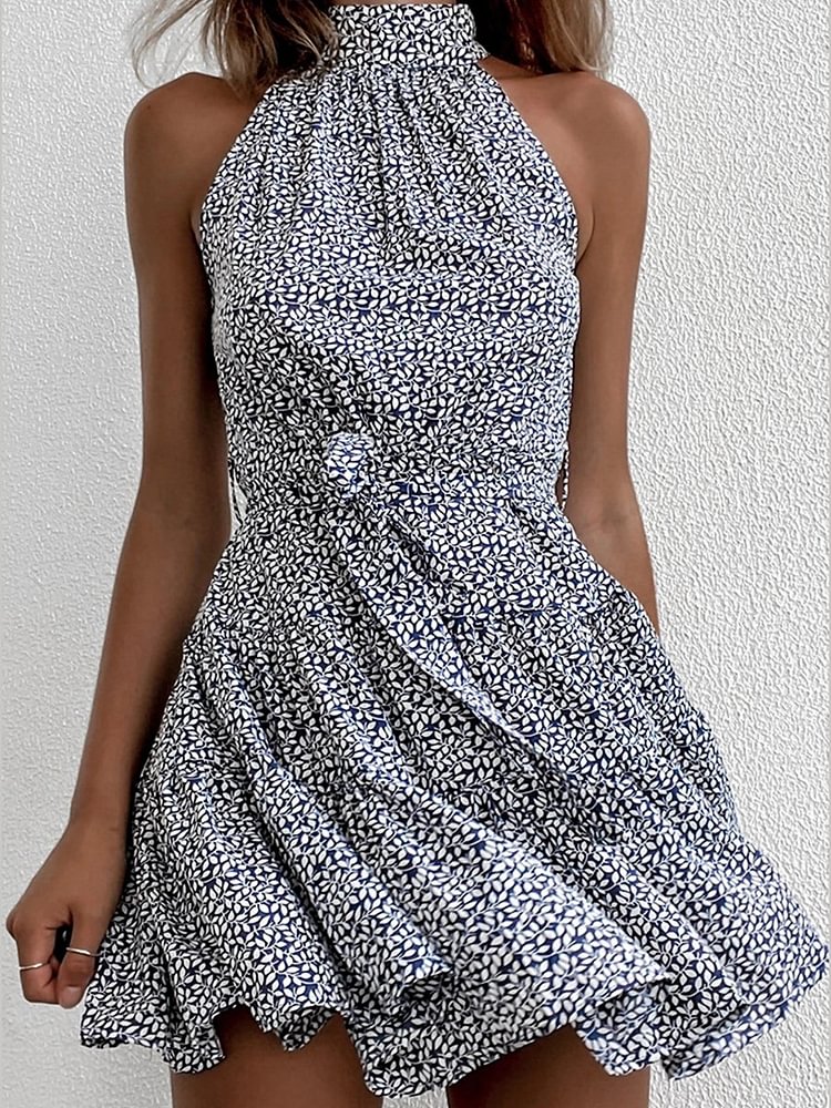 Halterneck Flower Print Mini Dress P12253