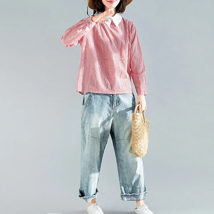 Natural red plaid cotton top silhouette 2019 Work Outfits lapel collar Plus Size Clothing pullover blouse