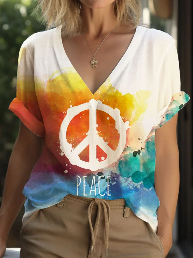 Women's V-Neck Peace Sign Print Top socialshop