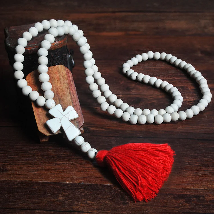 Multicolored Tassel White Wooden Bead Necklace VangoghDress