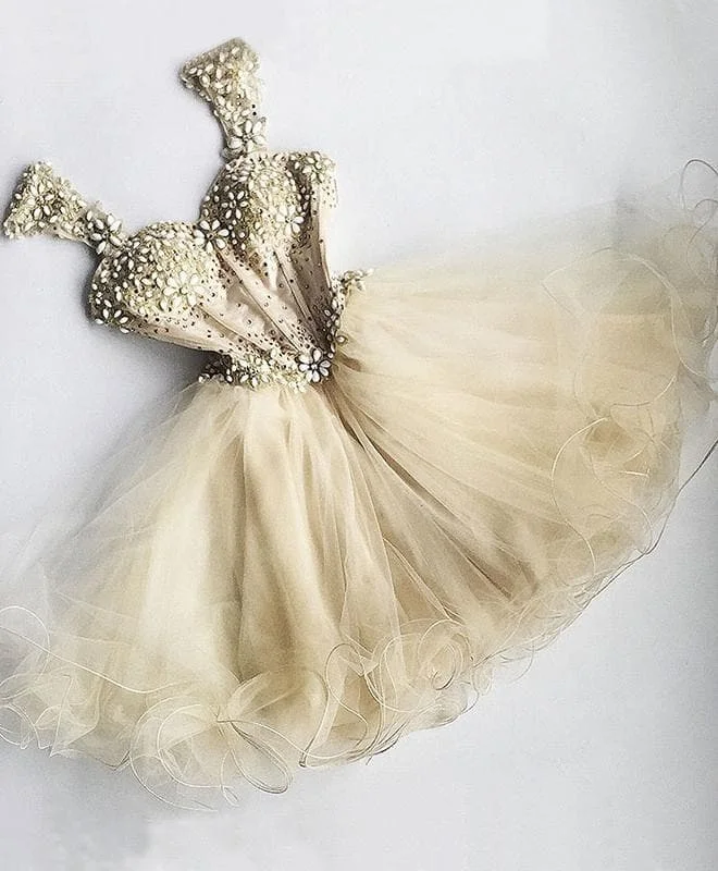 Champagne Tulle Beading Short Prom Dress, Champagne Evening Dress